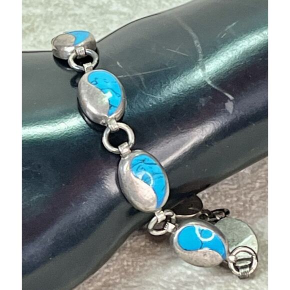 VTG Taxco Sterling Silver Turquoise Inlay Linked Oval Bracelet 7.75” Toggle - Picture 7 of 15